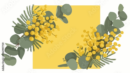 A decorative arrangement of yellow mimosa flowers and eucalyptus leaves on a yellow background, creating a floral border.