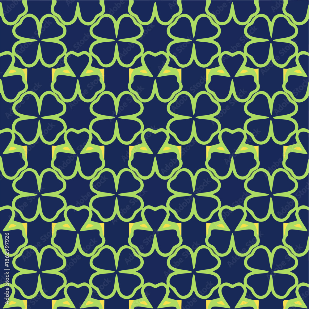 Fototapeta premium Seamless floral lattice pattern in neon yellow on dark blue background