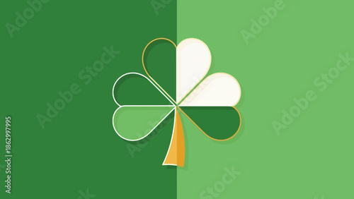 A stylized shamrock divided into sections representing the Irish flag, set against a split green background.