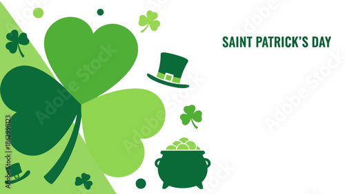 A vibrant St. Patrick's Day graphic featuring a large shamrock, a pot of gold, and festive green hats, perfect for holiday celebrations.