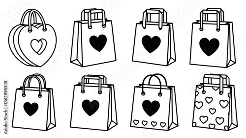 A collection of eight black and white line drawings of shopping bags, most featuring heart designs.