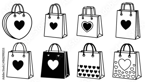 A collection of eight black and white illustrations of shopping bags, many featuring heart designs, suitable for gifts or retail.