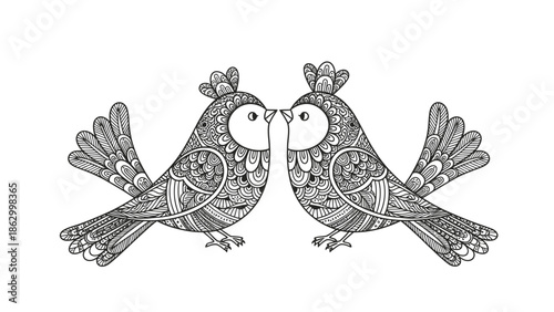 Two Stylized Birds Kissing with Intricate Mandala Patterns on Isolated White Background