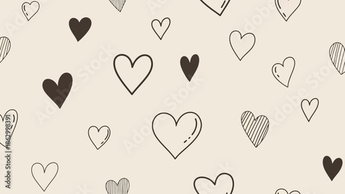 A charming and whimsical background pattern featuring a variety of hand-drawn hearts in different styles and shades of brown on a soft, neutral beige backdrop.