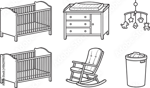 A collection of essential nursery furniture elements, thoughtfully illustrated to create a comfortable and inviting space for a newborn. It includes crib, changing table, mobile, rocking chair.