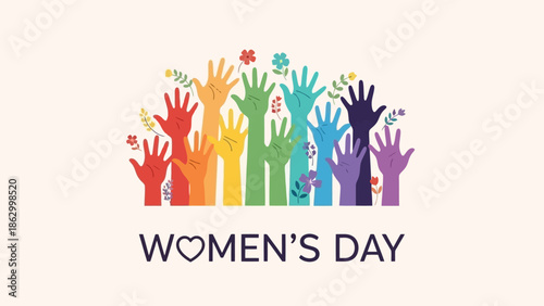Colorful hands raised in celebration of Women's Day, symbolizing unity and diversity.