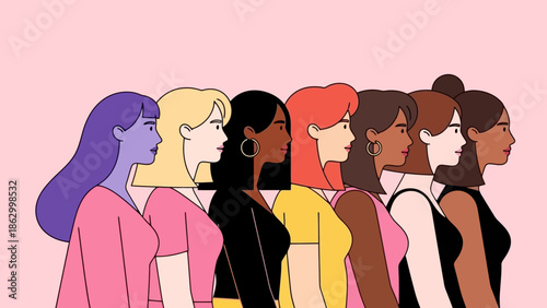 A diverse group of women with different skin tones and hair colors standing in profile against a pink background.