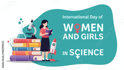International Day of Women and Girls in Science illustration featuring a woman reading surrounded by books, a microscope, and a rocket.
