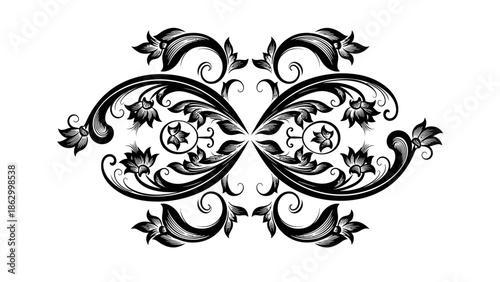 Elegant black ornate decorative floral scrollwork element, vintage design, isolated on a white background.