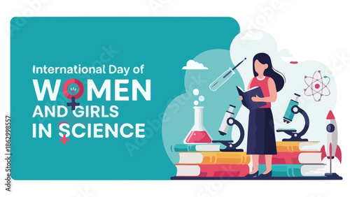 International Day of Women and Girls in Science illustration featuring a woman surrounded by scientific equipment and books.