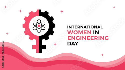 International Women in Engineering Day graphic featuring a stylized gear and Venus symbol with an atom illustration.