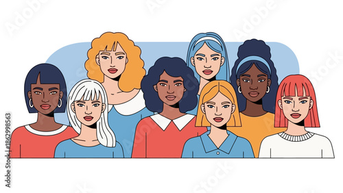 A diverse group of women with different hairstyles and skin tones standing together, representing unity and diversity.