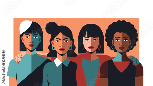 Diverse group of four women with different skin tones and hairstyles standing together, representing unity and diversity.