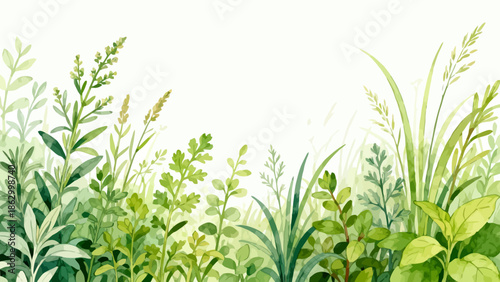 Watercolor painting of diverse green plants