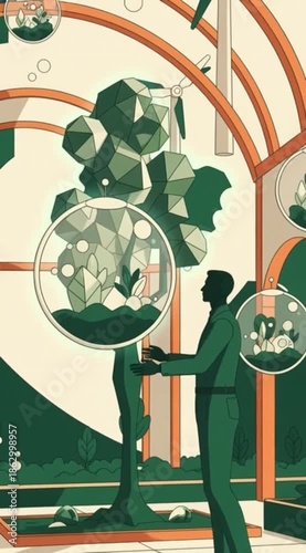 Futuristic Greenhouse Man Caring for Abstract Tree and Renewable Energy Structure