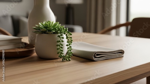 Indoor succulent plant on a wooden table with folded napkin.