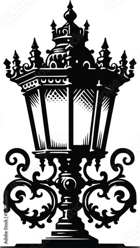 An ornate black and white illustration of a vintage street lamp post