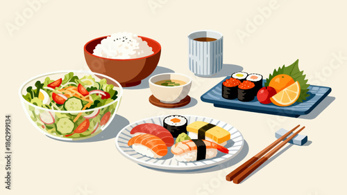 Japanese meal with sushi salad rice and tea