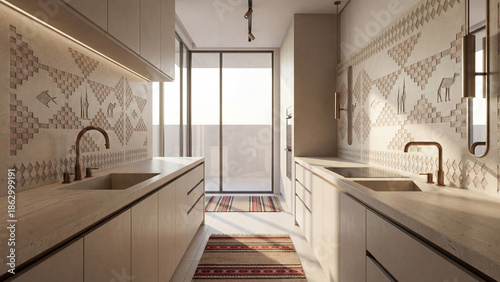 Minimal modern kitchen with engraved geometric wall tiles and warm sunlight

