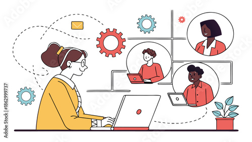 Flat Vector Illustration of Remote Work Team in Online Meeting