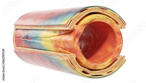 Isolated aorta slice with color gradient highlighting pressure variations between compressed true lumen and expanded false lumen for medical visualization.