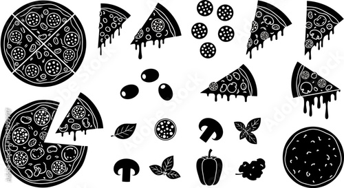 Black and white flat vector pizza icons slices whole ingredients melting cheese.eps