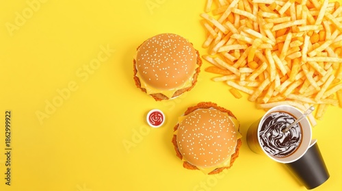Two delicious cheeseburgers with sesame seeds, a cup of cola, french fries, and ketchup on a bright yellow background, overhead view.