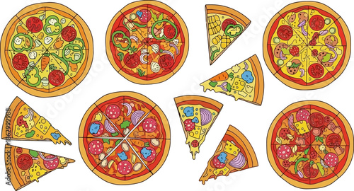 Vibrant cartoon vector pizza collection whole pies assorted slices.eps