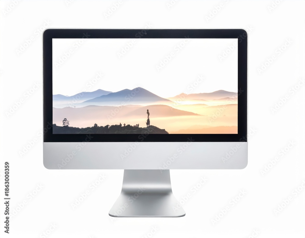 Fototapeta premium Scenic Mountain View Displayed on Computer Monitor With Soft Colors and Outlines of Hills During Sunrise