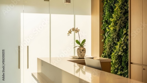 Modern reception desk with orchid and living wall in bright, minimalist office