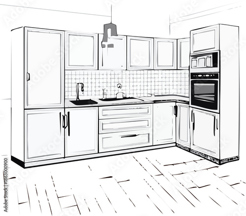 Spacious Modern Kitchen Interior with Island and Appliances Outline for Coloring Book