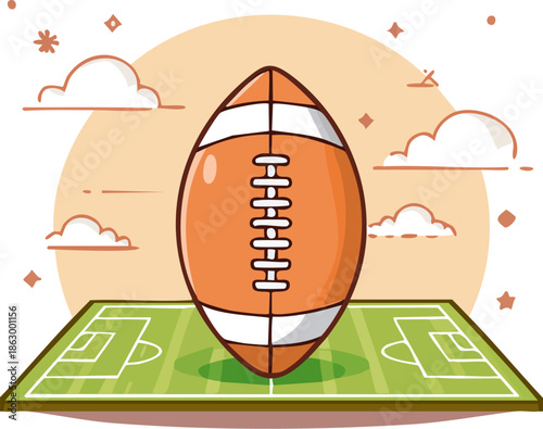 American Football Ball on a Green Field with Yard Lines in Bright Studio