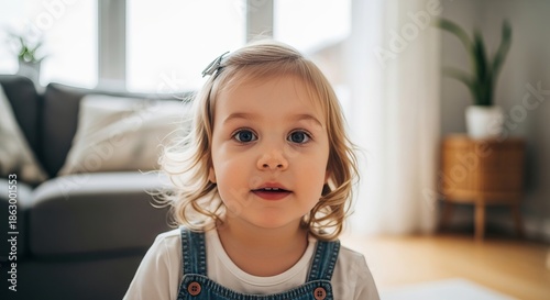A toddler girl with blonde curly hair and blue eyes, wearing denim overalls, looks directly at the camera in a bright, modern living room.