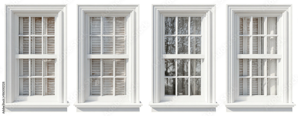 Obraz premium Four white, framed windows with gridded panes and curtains; different outside views