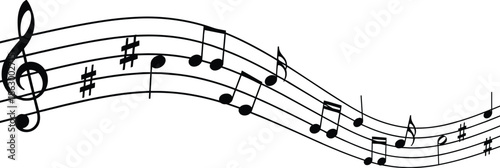 Musical staff, treble clef, notes, sharp symbols, melody, rhythm, curved lines, music sheet, artistic, classical, dynamic,  - flat vector illustration