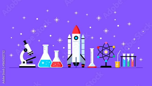 Science and technology icons on purple background