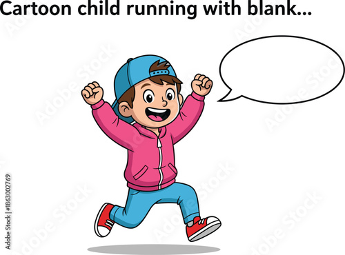 Cartoon child, running, happy, energetic, blue cap, pink hoodie, sneakers, blank speech bubble,  - flat vector illustration