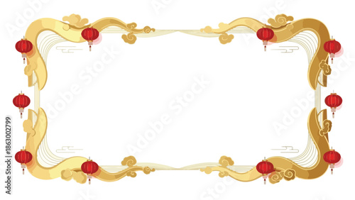 Golden ornate frame with red accents on a white background, featuring swirling patterns and floral motifs for Chinese New Year or Lunar New Year celebrations.