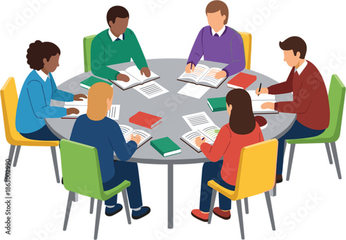 Group study session, students around table, teamwork learning, academic collaboration, colorful chairs, books and papers, education concept, flat vector illustration