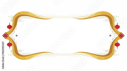 Golden decorative frame with red lanterns and intricate designs on a white background for Chinese New Year or Lunar New Year celebrations.