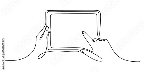 Continuous line drawing of hands holding a tablet and touching the screen Vector, illustration