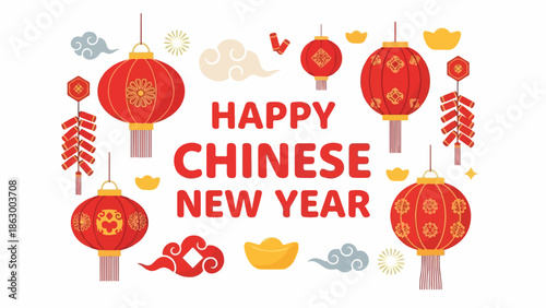 Flat lay of vibrant red lanterns and festive decorations celebrating the Chinese New Year, also known as Lunar New Year, on a clean white background with bold typography.