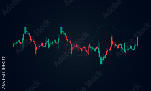 Neon candlesticks in red and blue glow against dark backdrop, with cyan wave signaling forex trends. A Forex graph and market shares trend