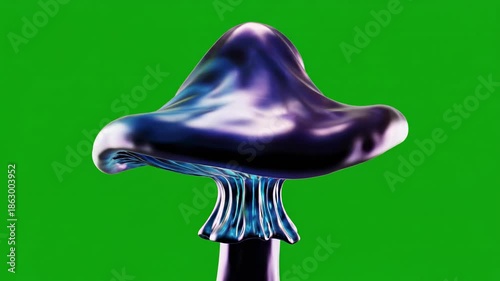 Isolated pulsating magical mushroom asset rotating slowly with reflective liquid texture on a pure green screen chroma key background for visual effects compositing corporate, reflective, pure
