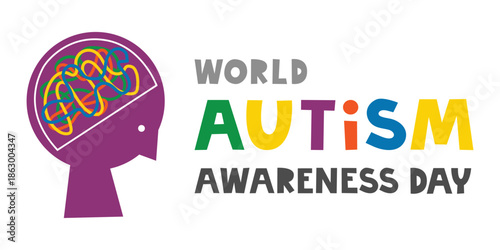 Autism awareness day lettering. Silhouette of autistic brain. Neurodivergent people concept. Unique mind and creative thinking. Cognitive differences inclusion vector flat illustration.