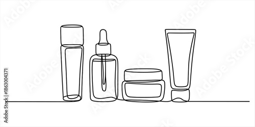 Minimalist continuous line art drawing of various skincare and beauty product containers Vector, illustration