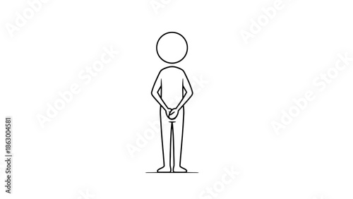 Stickman Cartoon Character Standing Patiently with Hands Behind Back, Isolated White Background, Depicting Waiting or Observing.