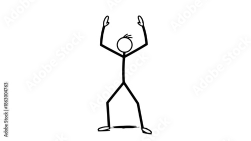 Confused Stick Figure Man Standing with Arms Raised in Surprise or Defense on Isolated White Background