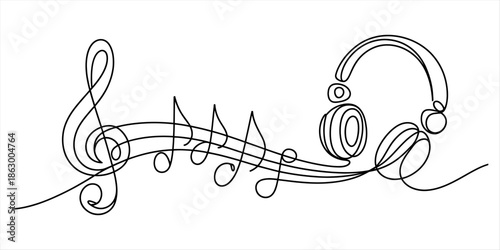 A single continuous line drawing combining a treble clef, musical notes, and headphones Vector, illustration