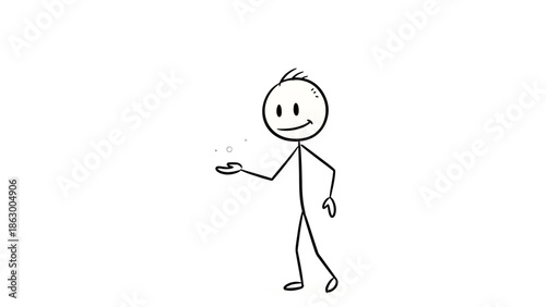 Happy Smiling Stick Figure Offering an Invisible Object with an Open Hand Gesture on Isolated White Background